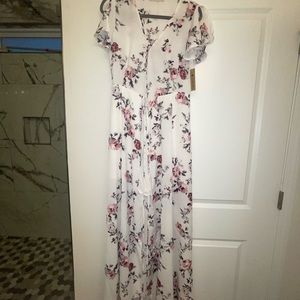 Long White and Pink Floral Wrap Dress